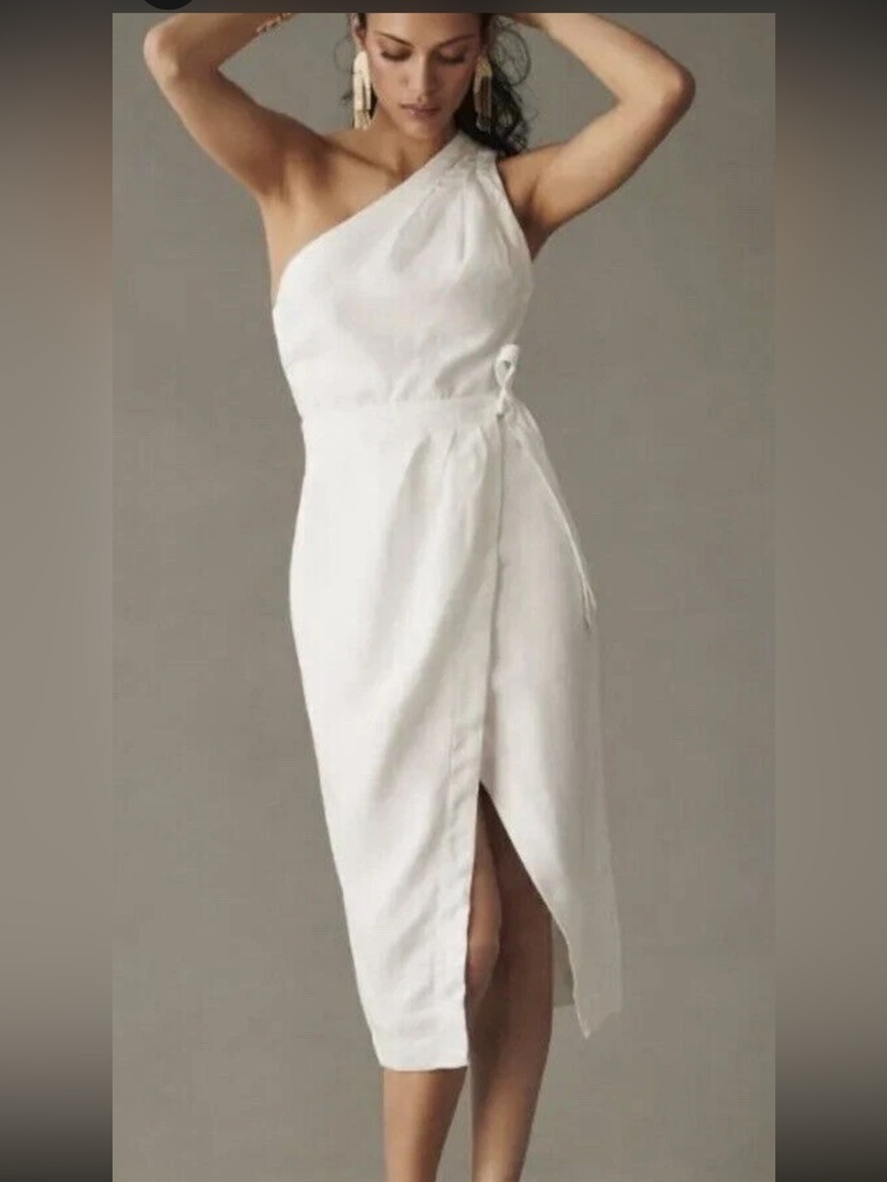 Anthropologie One Shoulder White Linen Wrap Dress size 2 summer dress cruise